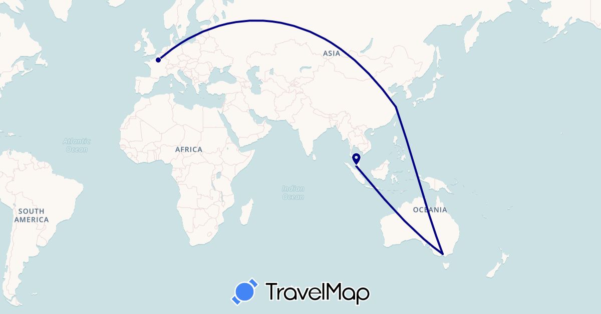 TravelMap itinerary: driving in Australia, China, France, Malaysia (Asia, Europe, Oceania)